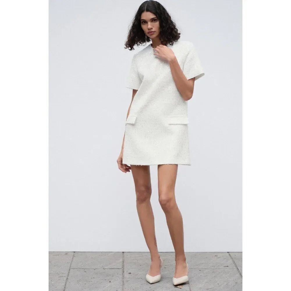 Zara Women Mini Sequin Dress XS White Fringed Short Sleeve 8714/933 NWT